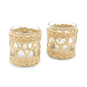 Rattan and glass votives set of 2